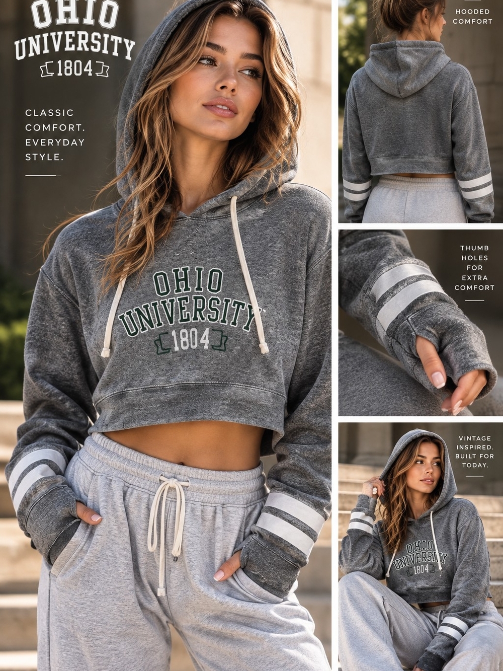 Ohio University Cropped Hoodie - Women's Gray Pullover Sweatshirt